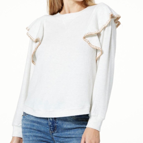 Heather Off-White/Tan.- Democracy Brushed LT WT Sweater Knit Ruffled Top PLUS 1X - Picture 1 of 2